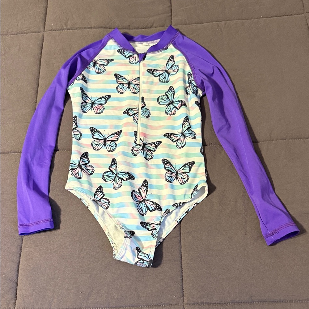 Kids Butterfly Print Swimwear with Purple Sleeves